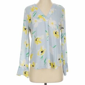 Ann Taylor V-Neck Floral Blouse - Sky Blue and Lemon